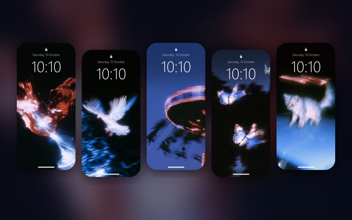 5台のスマホのロック画面に表示したMotion 壁紙パック